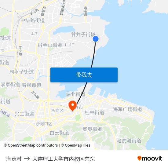 海茂村 to 大连理工大学市内校区东院 map