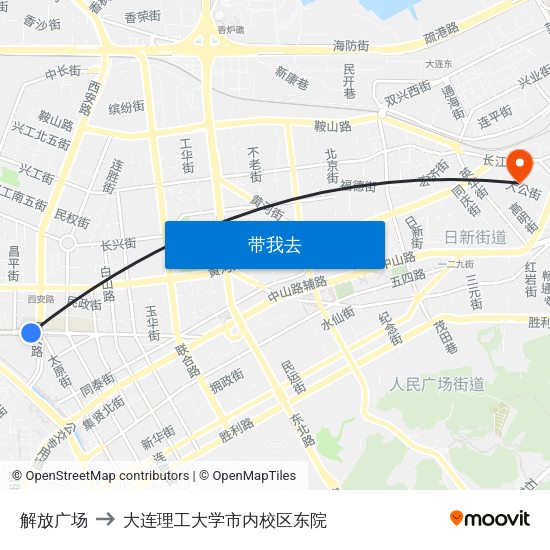解放广场 to 大连理工大学市内校区东院 map