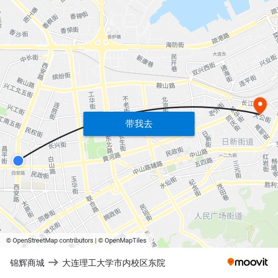 锦辉商城 to 大连理工大学市内校区东院 map