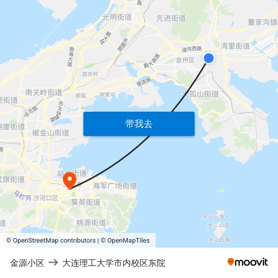金源小区 to 大连理工大学市内校区东院 map