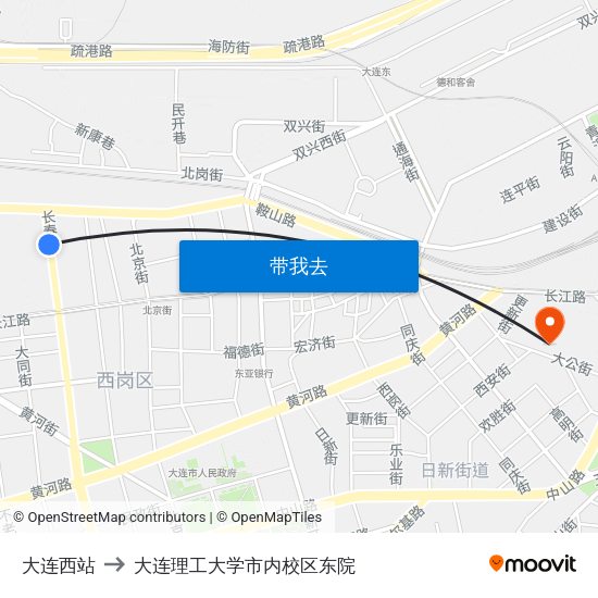 大连西站 to 大连理工大学市内校区东院 map