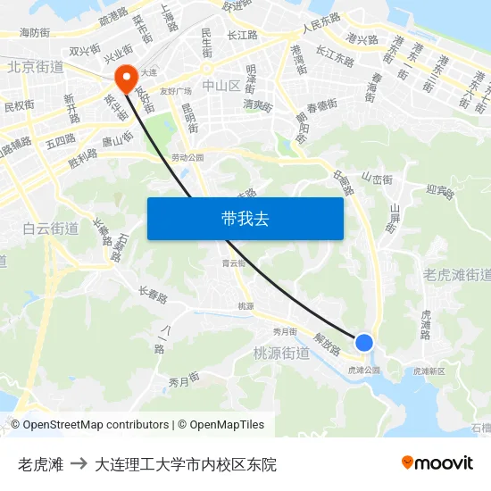 老虎滩 to 大连理工大学市内校区东院 map