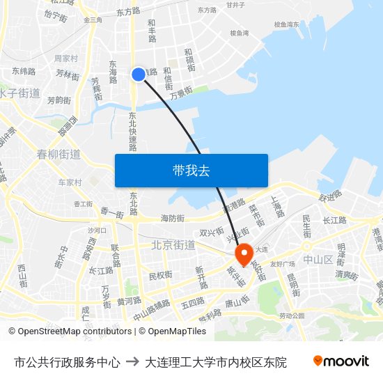 市公共行政服务中心 to 大连理工大学市内校区东院 map