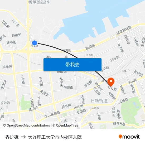 香炉礁 to 大连理工大学市内校区东院 map