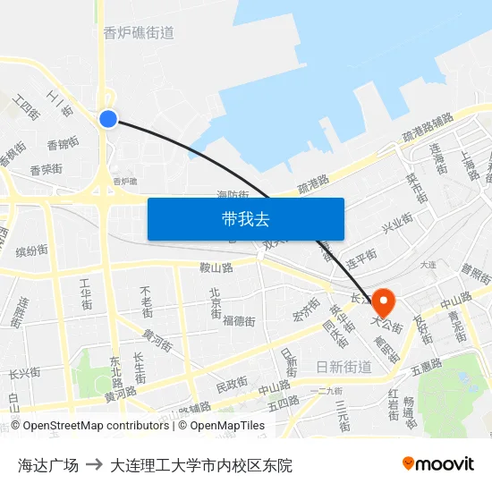 海达广场 to 大连理工大学市内校区东院 map