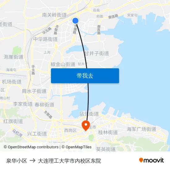 泉华小区 to 大连理工大学市内校区东院 map