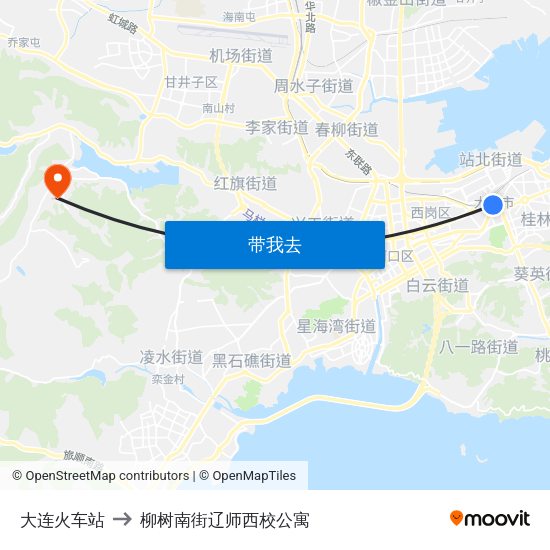 大连火车站 to 柳树南街辽师西校公寓 map