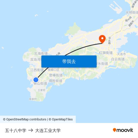 五十八中学 to 大连工业大学 map