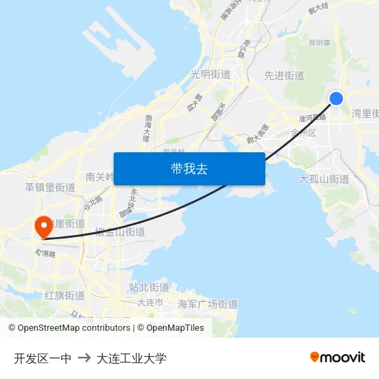 开发区一中 to 大连工业大学 map