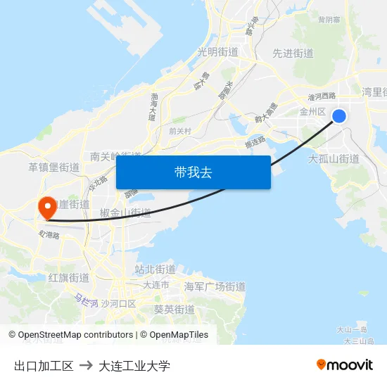 出口加工区 to 大连工业大学 map