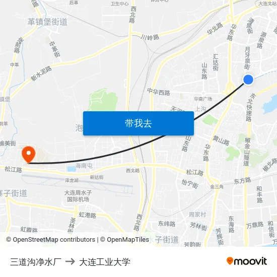 三道沟净水厂 to 大连工业大学 map