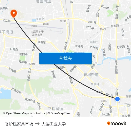 香炉礁家具市场 to 大连工业大学 map