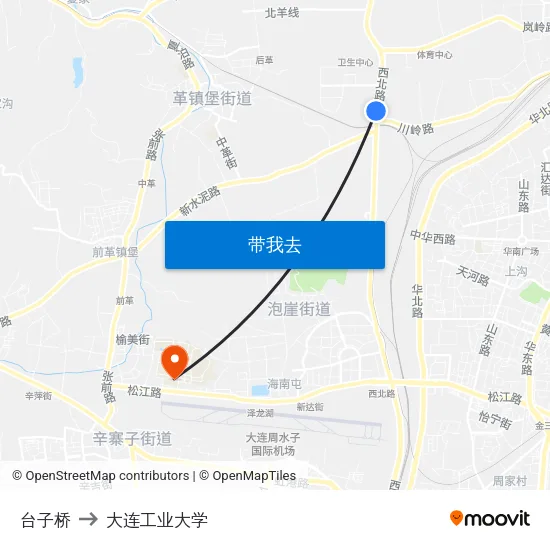 台子桥 to 大连工业大学 map