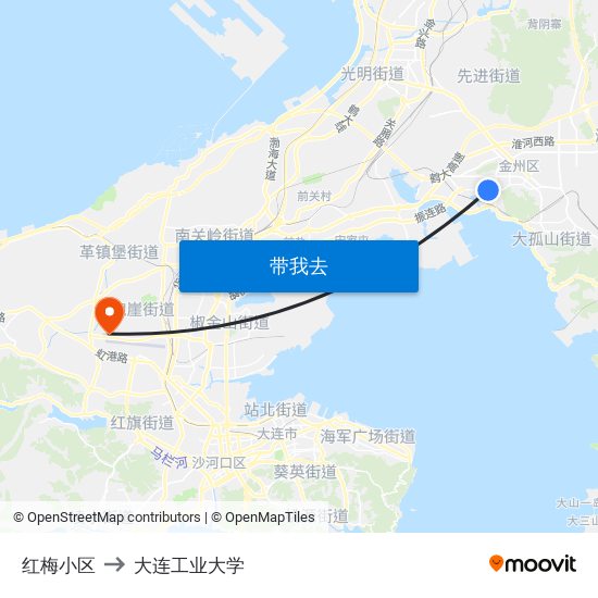 红梅小区 to 大连工业大学 map