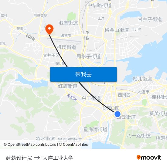 建筑设计院 to 大连工业大学 map