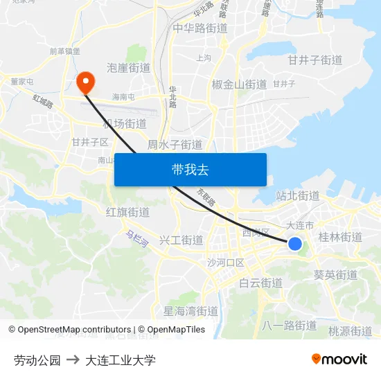 劳动公园 to 大连工业大学 map