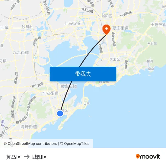 黄岛区 to 城阳区 map