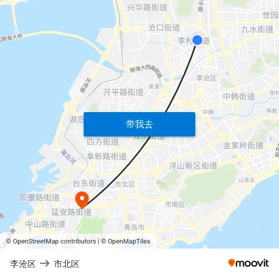 李沧区 to 市北区 map