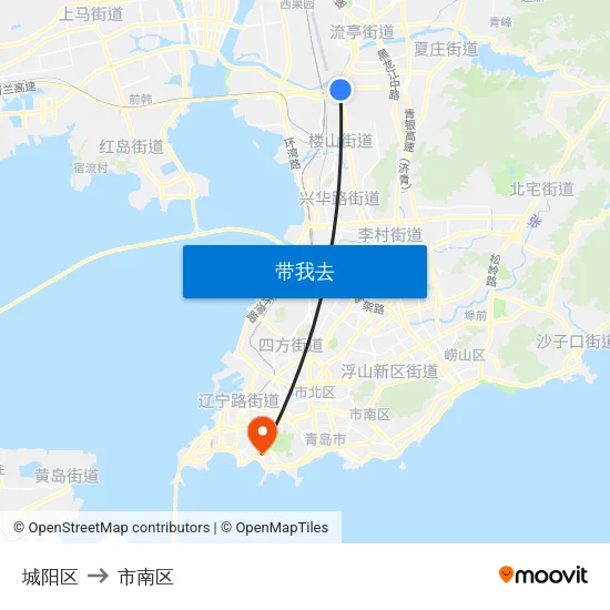 城阳区 to 市南区 map