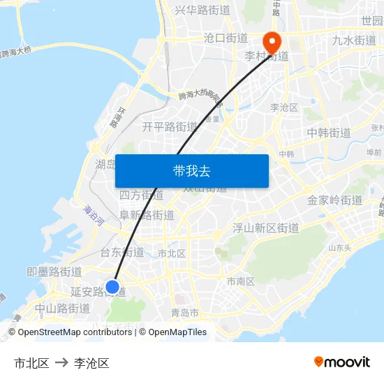 市北区 to 李沧区 map
