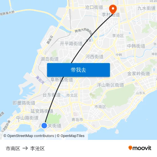 市南区 to 李沧区 map