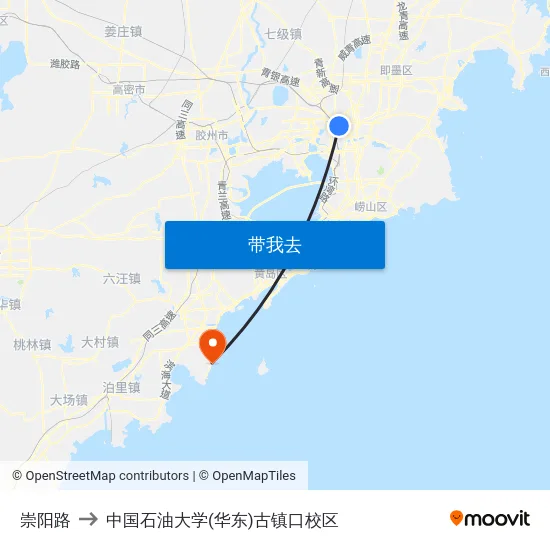 崇阳路 to 中国石油大学(华东)古镇口校区 map