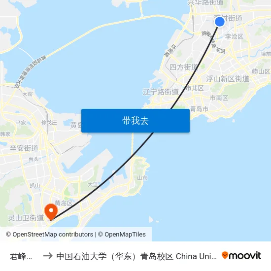 君峰路北站 to 中国石油大学（华东）青岛校区 China University Of Petroleum map