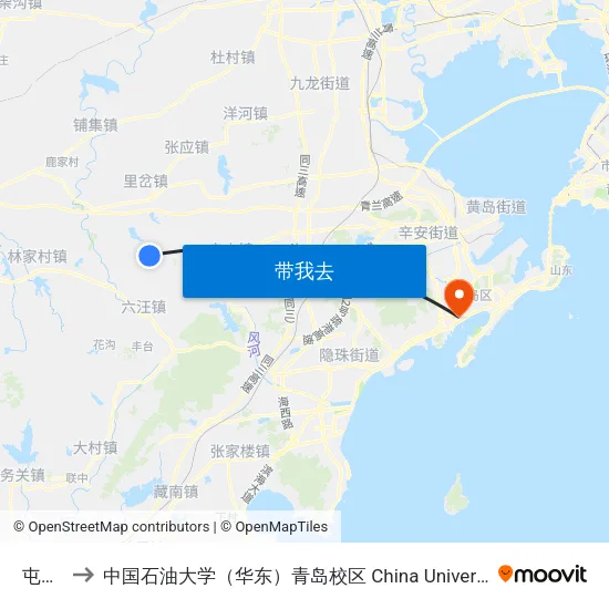 屯里集 to 中国石油大学（华东）青岛校区 China University Of Petroleum map