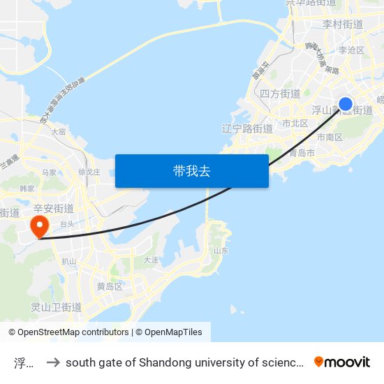 浮山后 to south gate of Shandong university of science and technology map