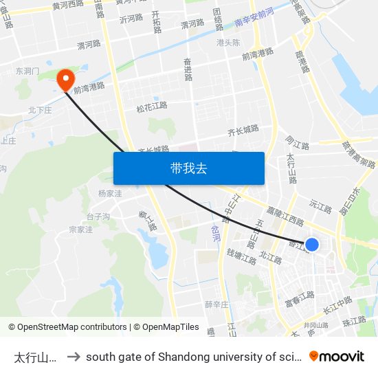 太行山二支路 to south gate of Shandong university of science and technology map