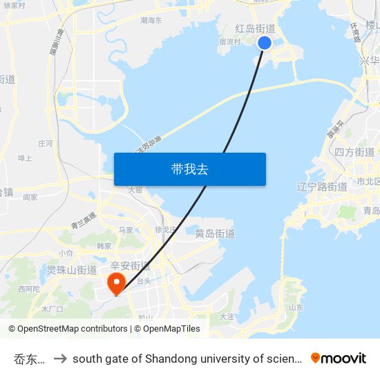 岙东南路 to south gate of Shandong university of science and technology map