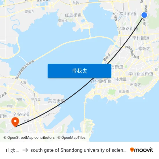 山水嘉园 to south gate of Shandong university of science and technology map