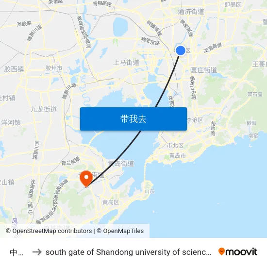 中城路 to south gate of Shandong university of science and technology map