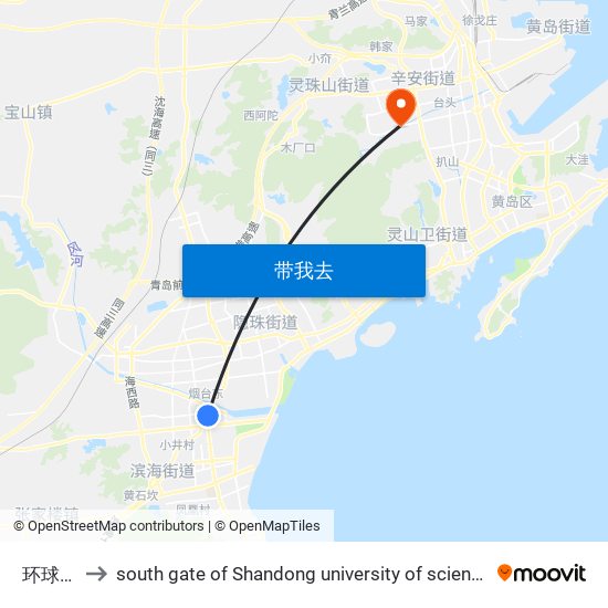 环球集团 to south gate of Shandong university of science and technology map