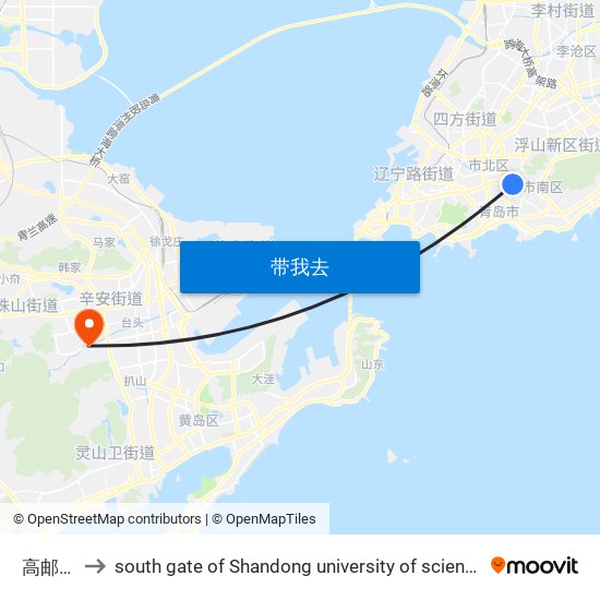 高邮湖路 to south gate of Shandong university of science and technology map