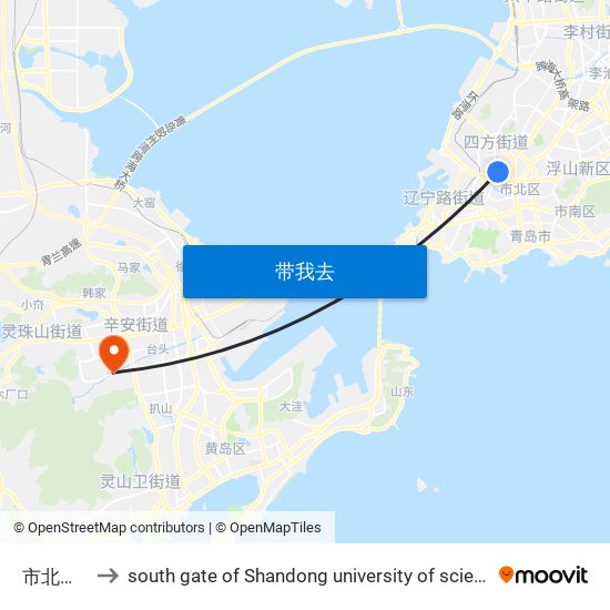 市北区医院 to south gate of Shandong university of science and technology map