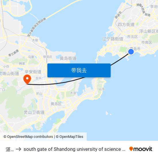 湛山 to south gate of Shandong university of science and technology map