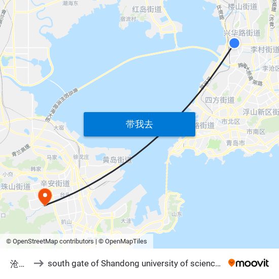 沧台路 to south gate of Shandong university of science and technology map