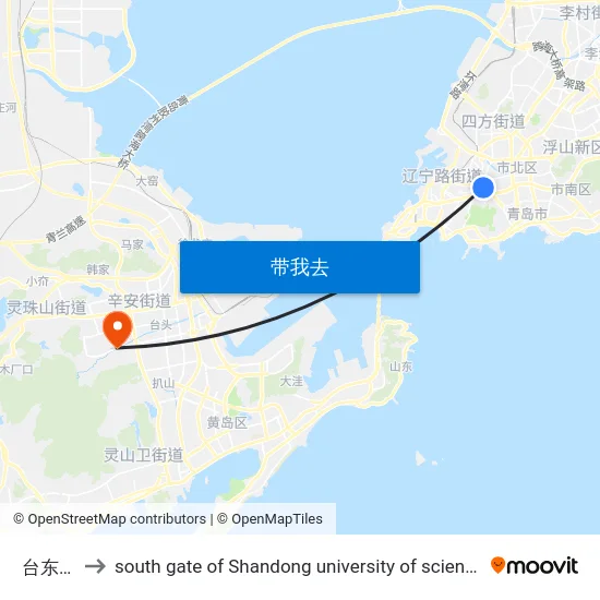 台东一路 to south gate of Shandong university of science and technology map