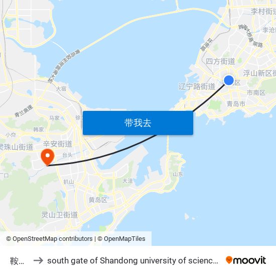 鞍山路 to south gate of Shandong university of science and technology map