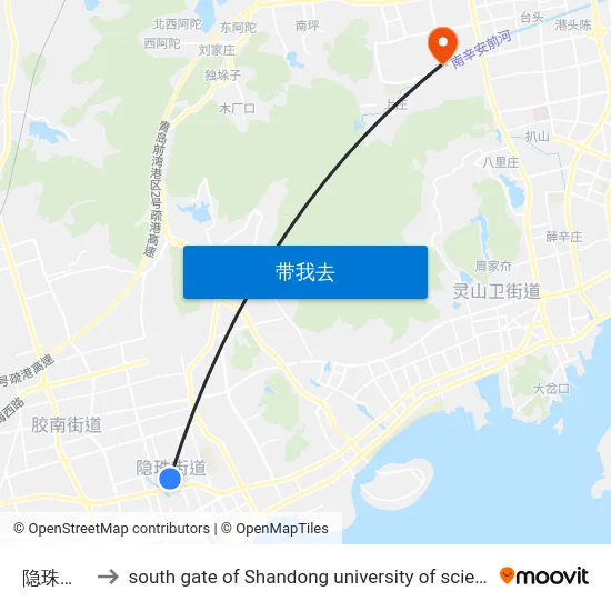隐珠办事处 to south gate of Shandong university of science and technology map