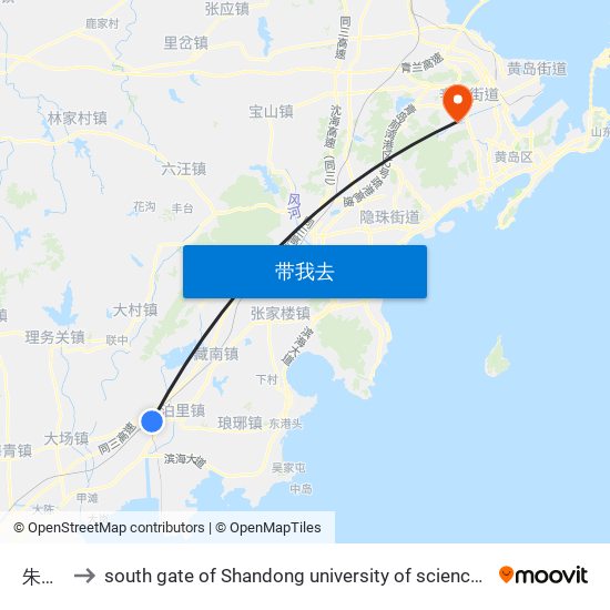 朱家河 to south gate of Shandong university of science and technology map