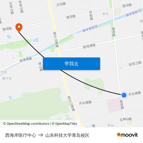 西海岸医疗中心 to 山东科技大学青岛校区 map