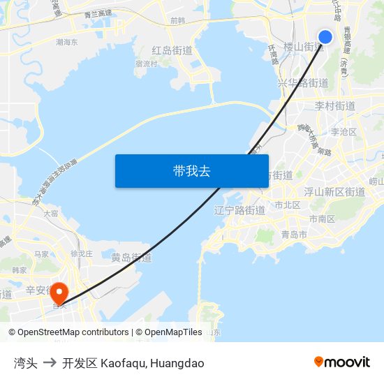 湾头 to 开发区 Kaofaqu, Huangdao map