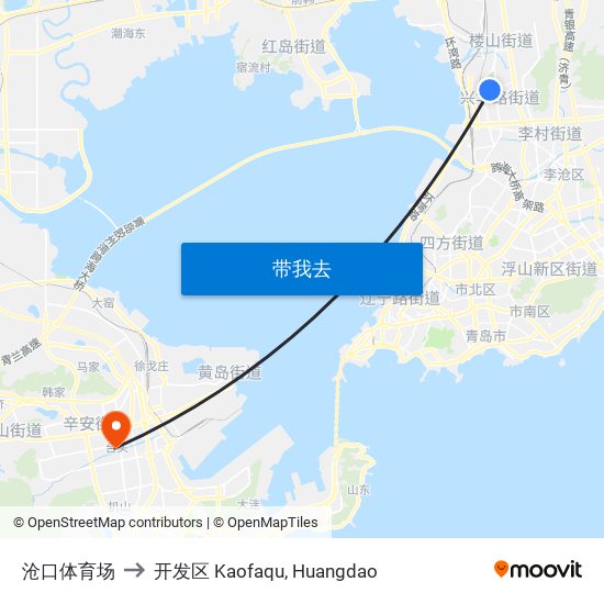 沧口体育场 to 开发区 Kaofaqu, Huangdao map