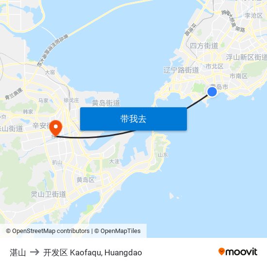 湛山 to 开发区 Kaofaqu, Huangdao map