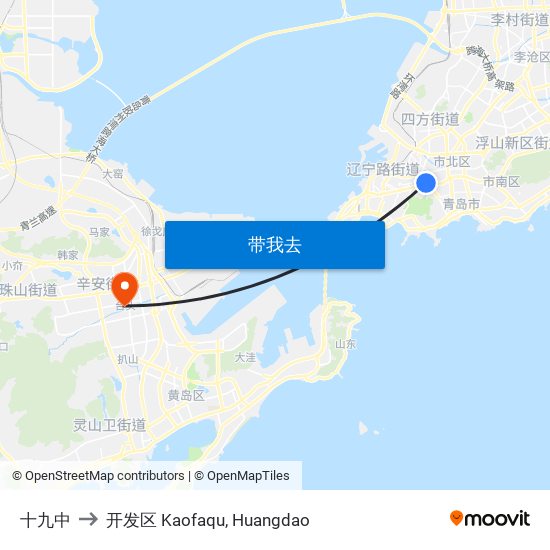 十九中 to 开发区 Kaofaqu, Huangdao map