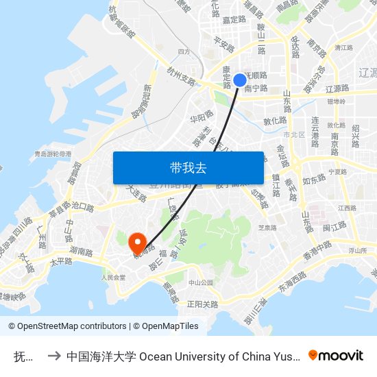 抚顺路 to 中国海洋大学 Ocean University of China Yushan Campus map