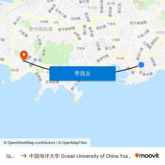 汕头路 to 中国海洋大学 Ocean University of China Yushan Campus map