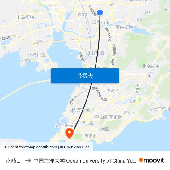 南疃社区 to 中国海洋大学 Ocean University of China Yushan Campus map